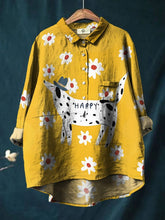 Simple Cartoon Spotted Dog With Daisy Print Cotton And Linen Shirt